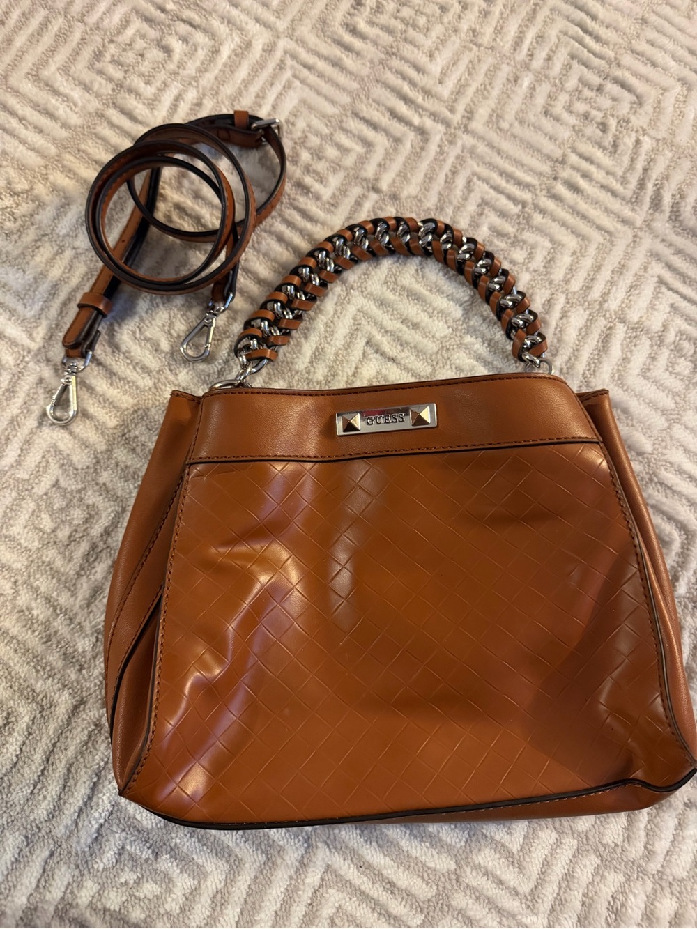 GUESS Tan Woven-Texture Chain-Handle Satchel